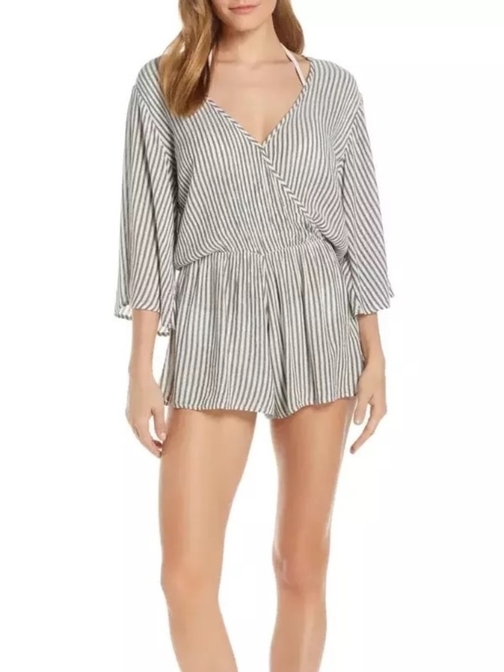 Elan Wrap Romper Swim Cover Up Charcoal White Stripe Size L